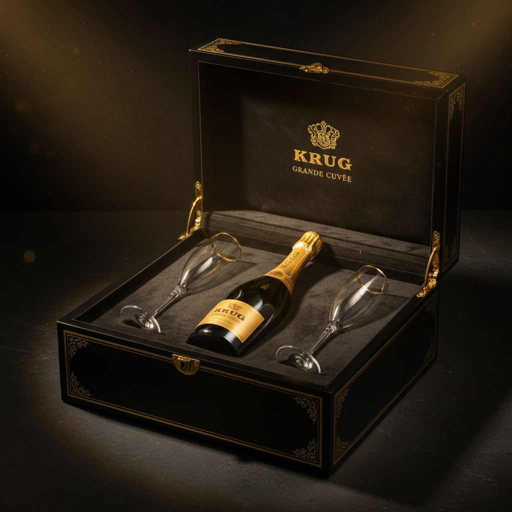 Krug Grande Cuvée — coffret luxe avec flûtes en cristal